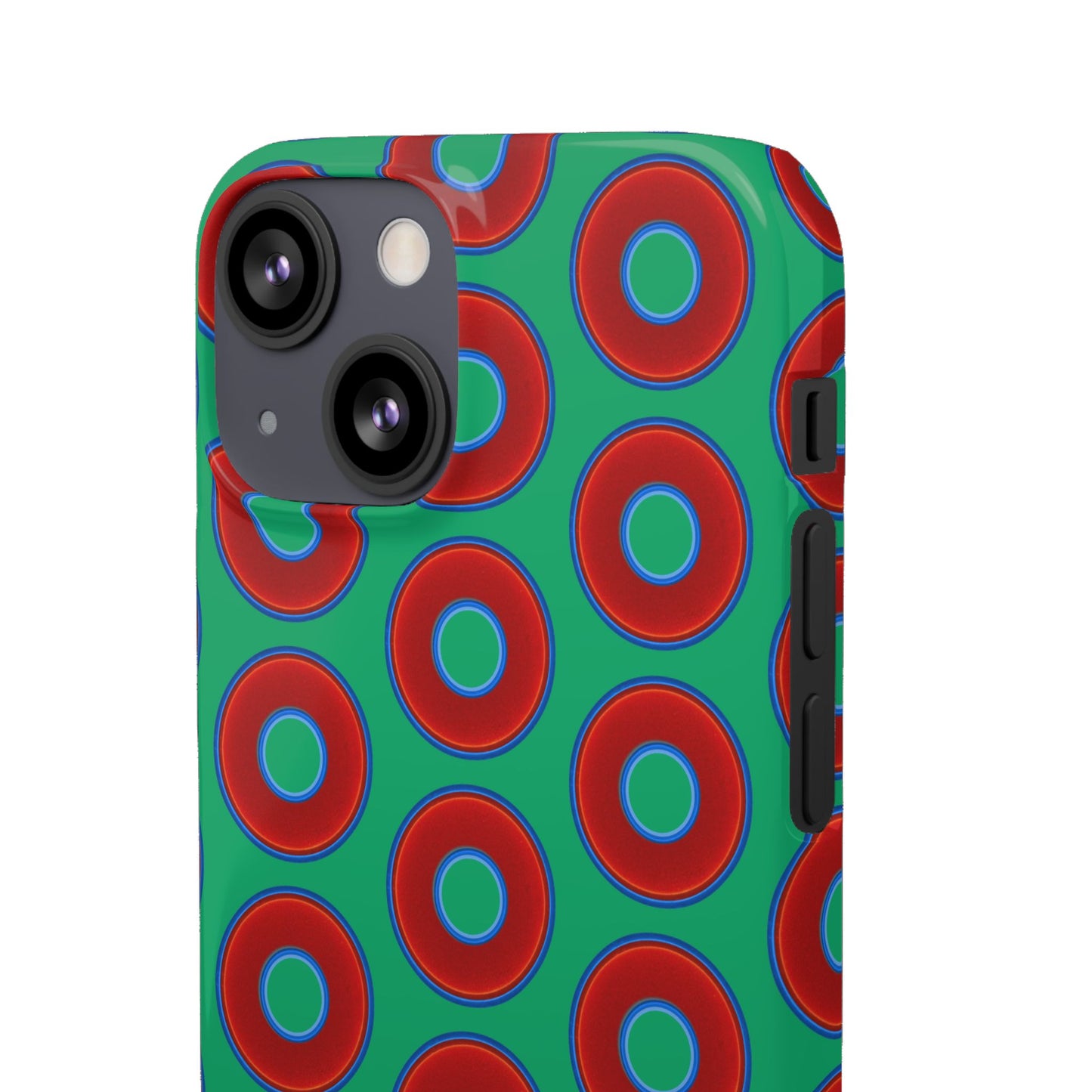 Lumpy Donut Snap Case - red vivid donut print w/jade green background