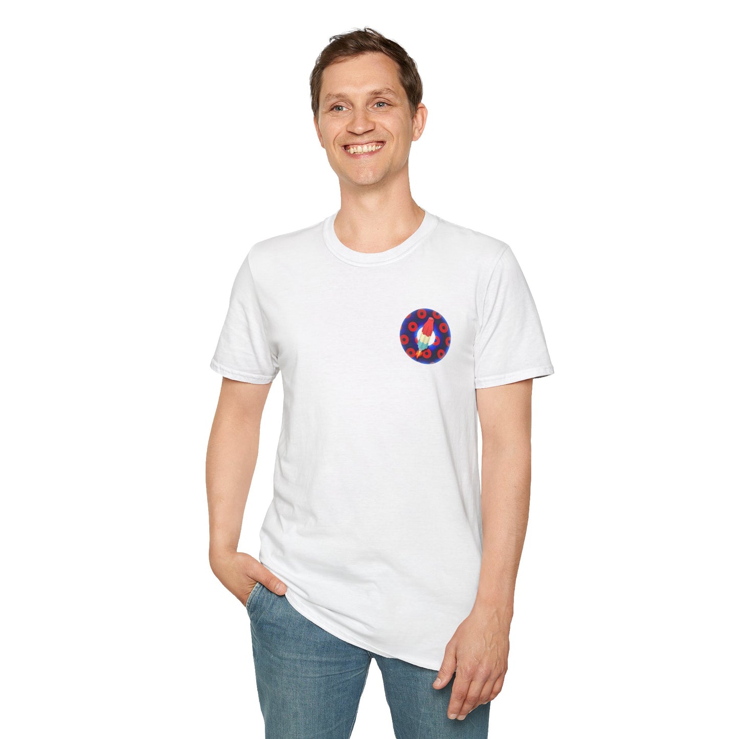 Classic Donut Tee - Unisex Soft-Style - "Blow this Popsicle Stand" - blue/red paradox bomb pop donut - variant 1