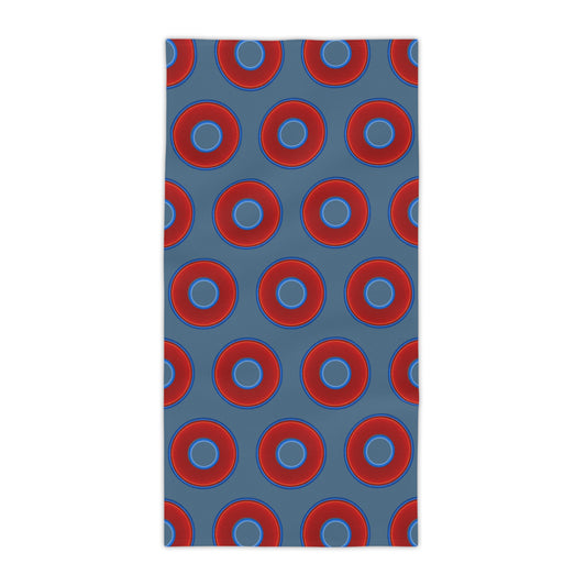 Lumpy Donut Towels - vivid red donuts w/steel blue background