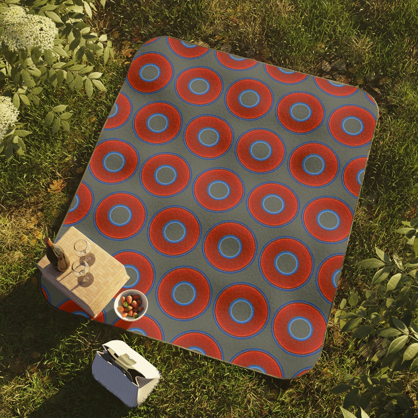 The Lumpy Party Blanket - giant water-resistant outdoor blanket [61" x 51"] - vivid red donuts w/dark gray background