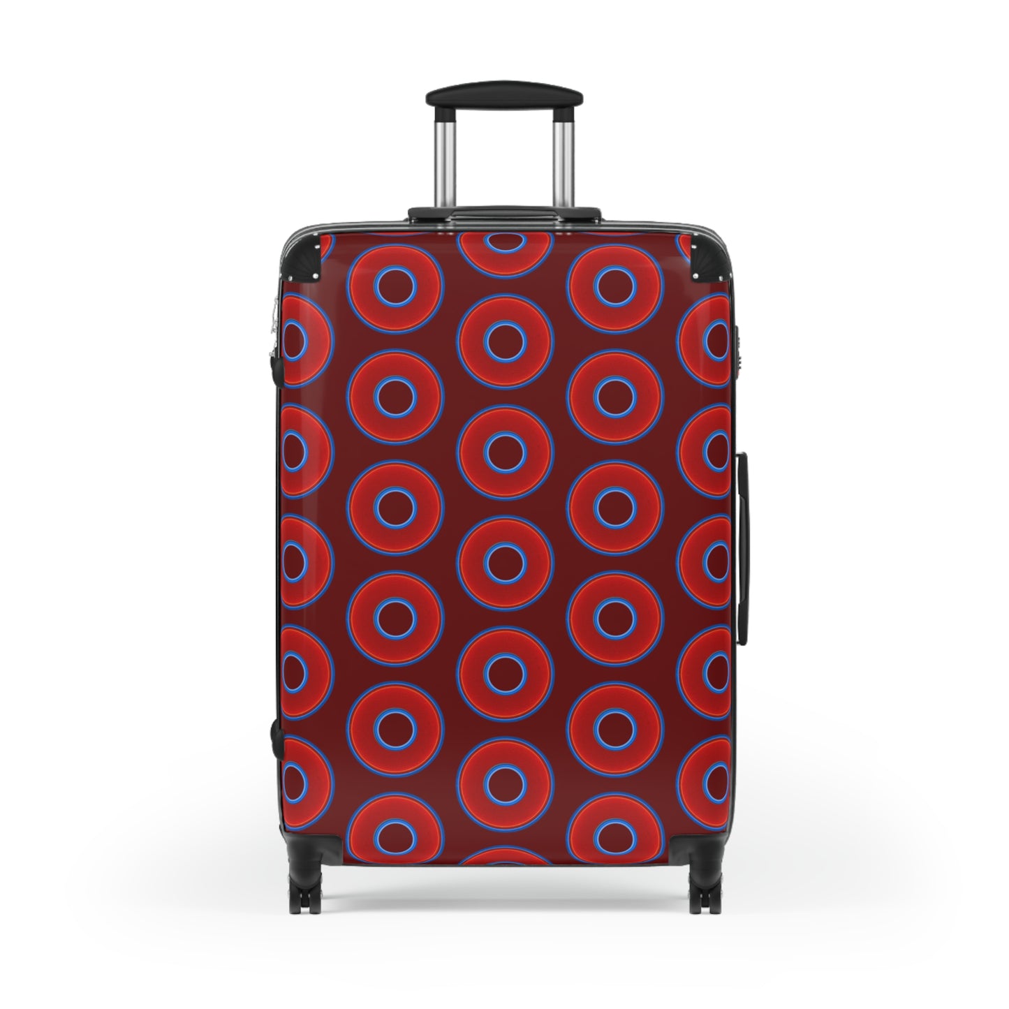 The Very Lumpy Donut Suitcase series - your choice of S, M or L - vivid red donut print w/dark red background