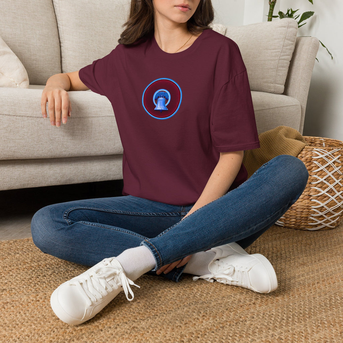 Classic Donut Tee - Unisex Soft-Style - "Brotherly Donuts Jawn" - vivid dark purple-red/light blue donut