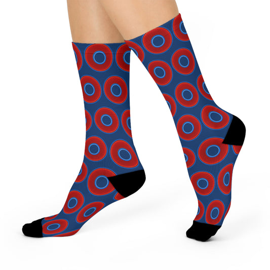 Lumpy Sox - cushioned crew - vivid red donut print w/Atlantic navy blue background