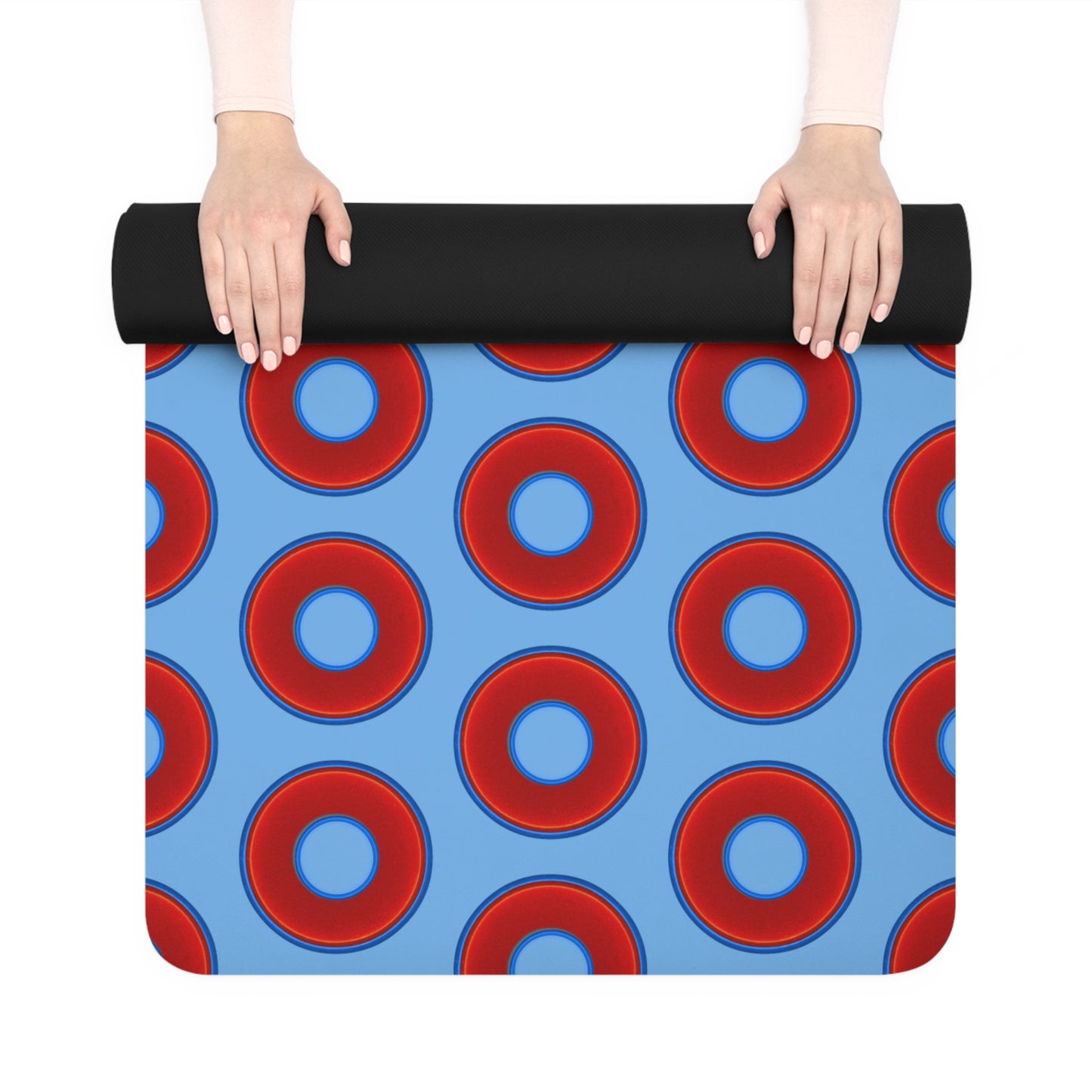 Lumpy Donut Yoga Mat :) - 24″ x 70" - vivid red donut print w/light blue background
