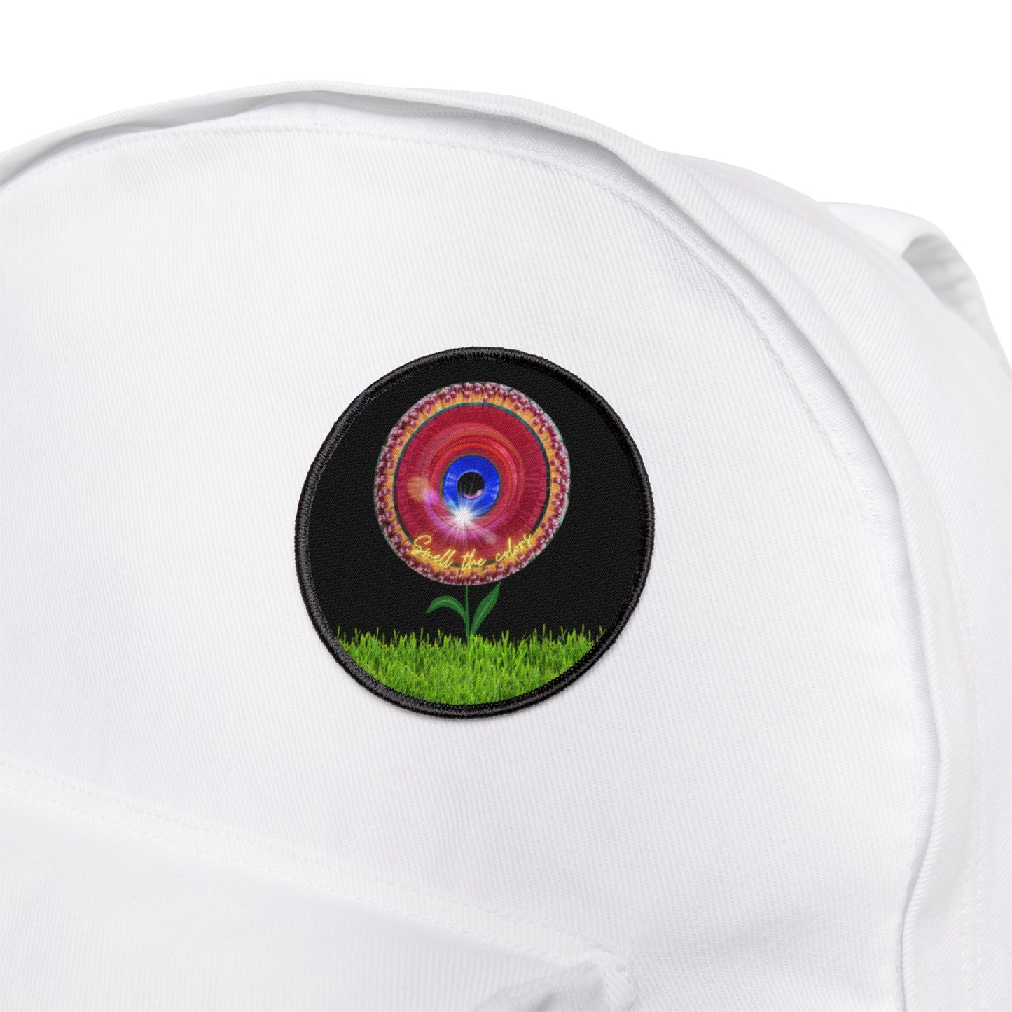 Iron-On Donut Patch - "Smell The Donut Patches" - vivid red flour donut - variant 3