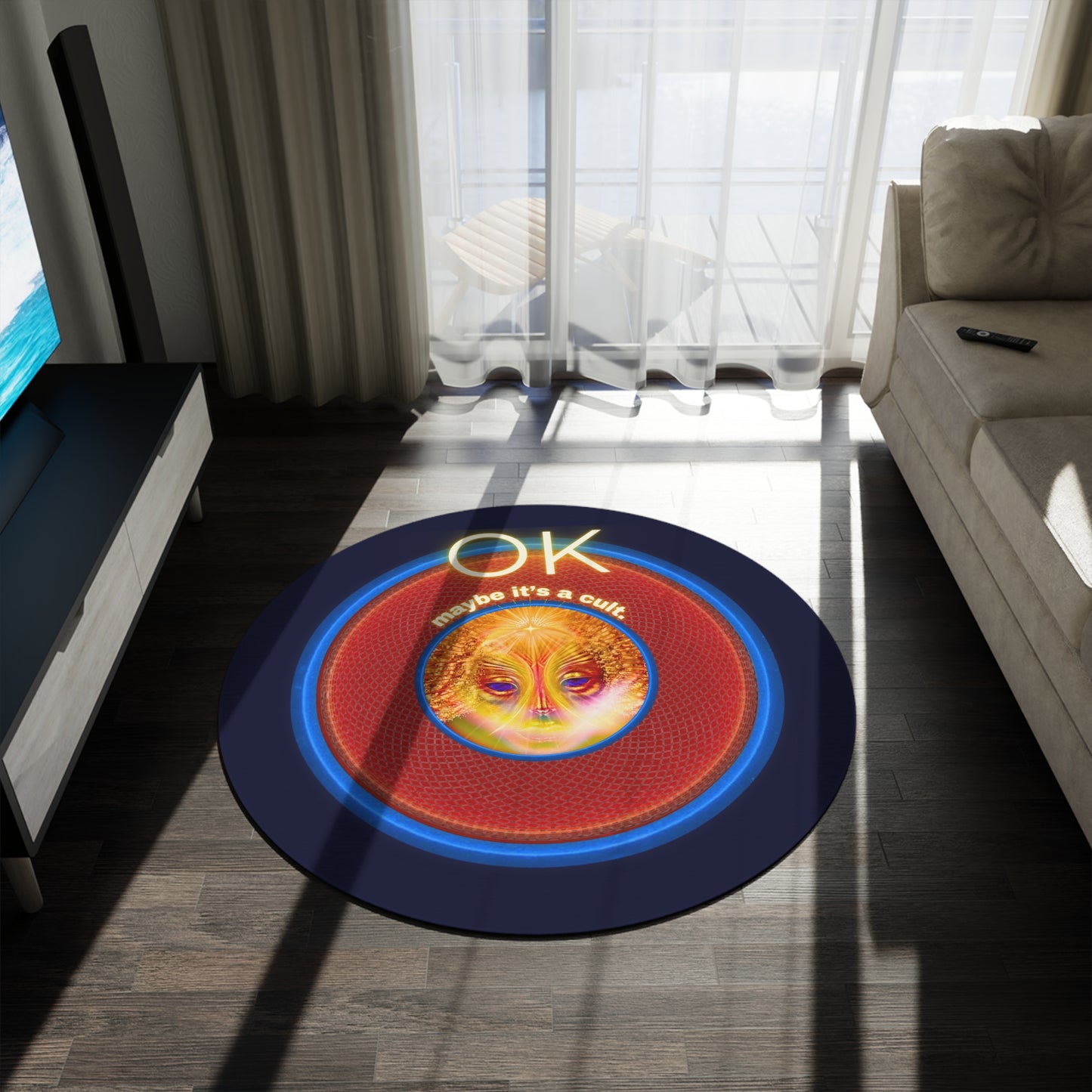 Round Room - 5 ft x 5 ft Lumpy Donut Rug - "Conjurers of Awesome Donuts" - rustic red/blue donut w/dark navy background - variant 3