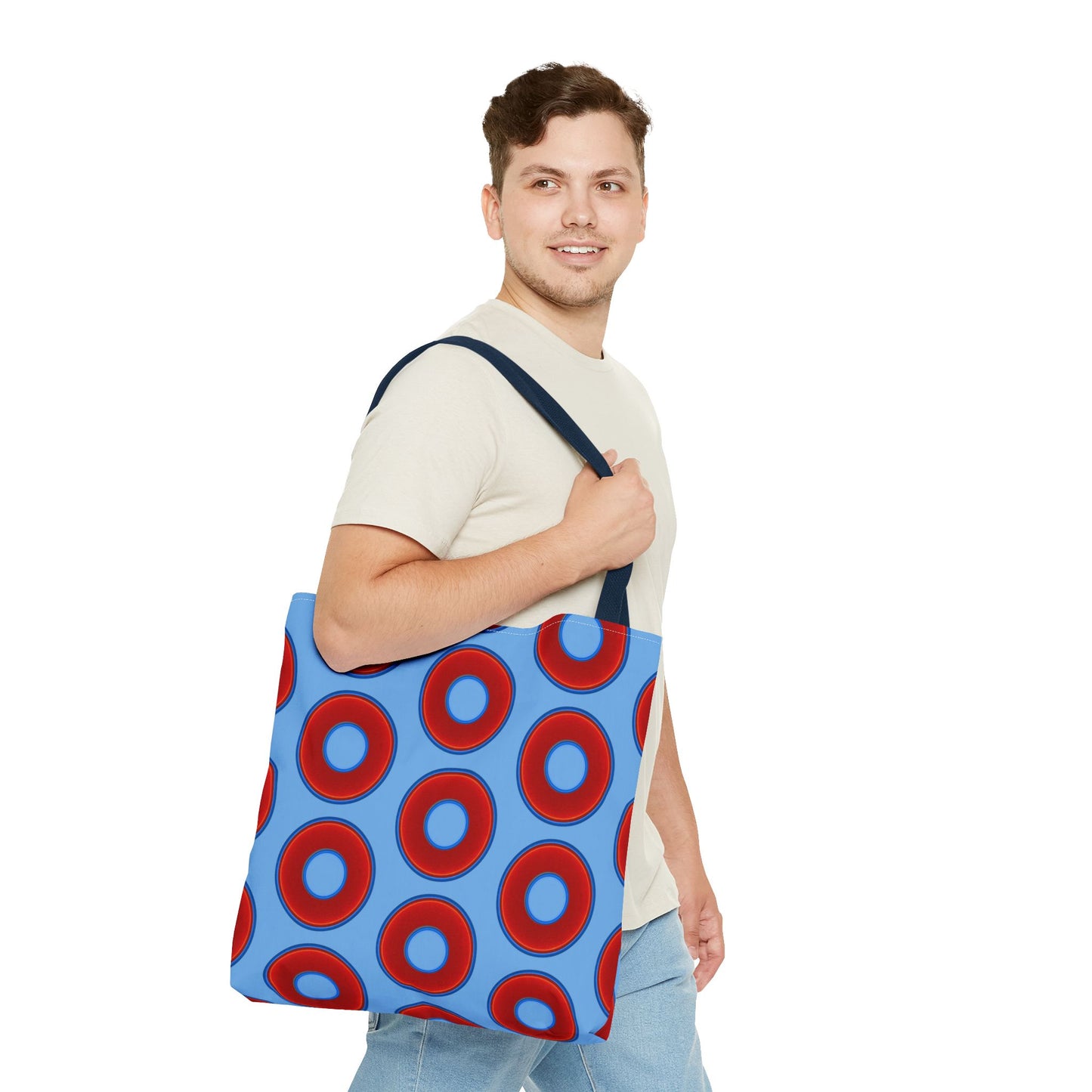 Lumpy Beach/Tote Bag - red vivid donuts w/light blue background