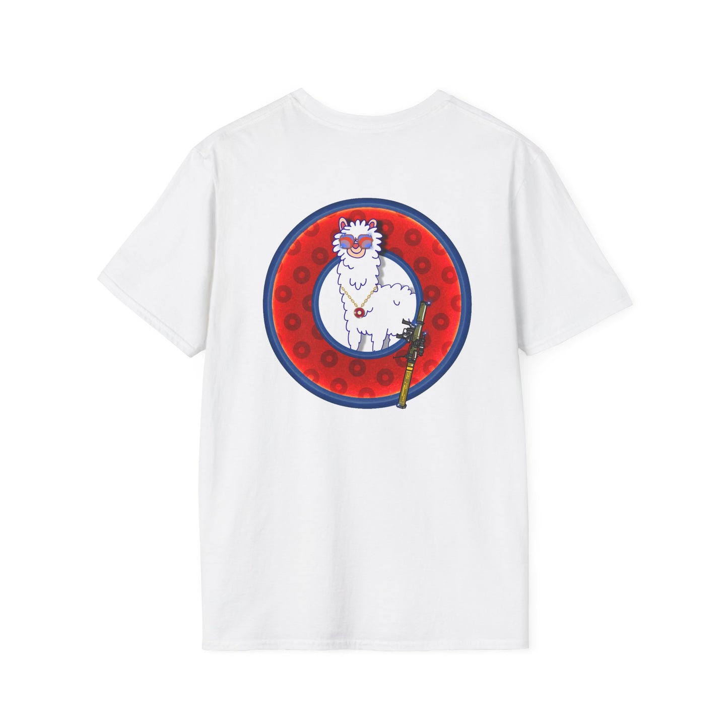 Classic Donut Tee - Unisex Soft-Style - "Medium Paced Llama Donut" - red/blue widemouthed paradox donut