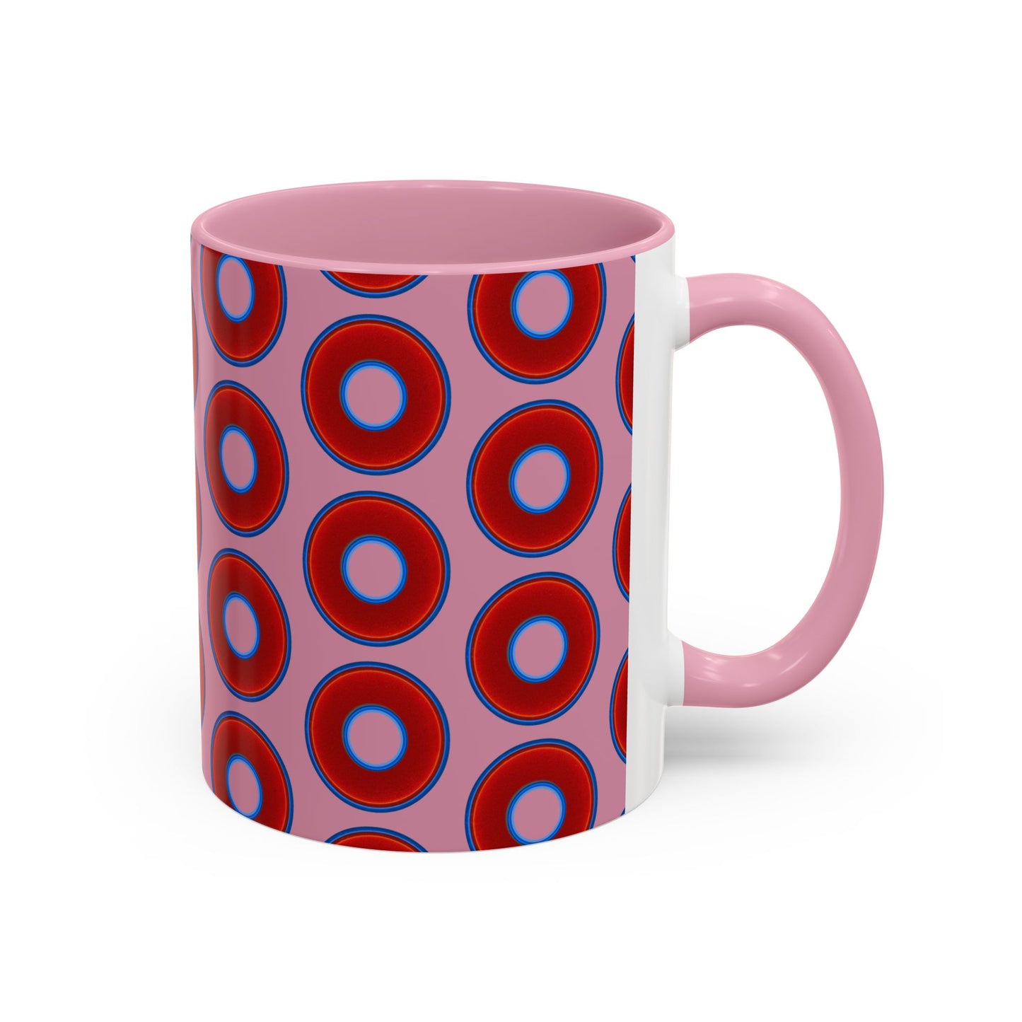Lump's Grumpy Coffee Mug - vivid red donuts w/pink background