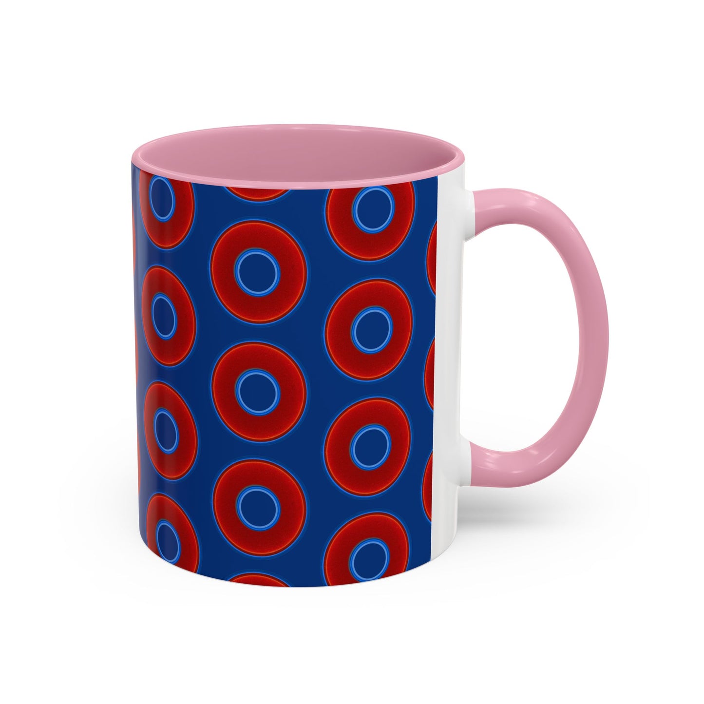 Lump's Grumpy Coffee Mug - vivid red donuts w/dark blue background