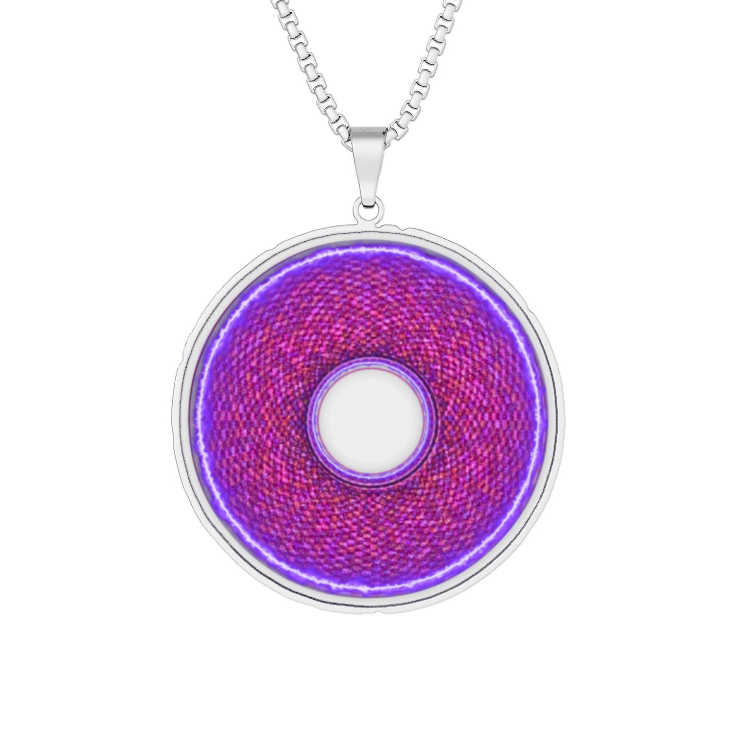 Lump's Heady Donut Necklace - 1" x 1" Stainless Steel Pendant - "The Frankenstein Donut - It's Alive!"" - purple-ish pixilated donut
