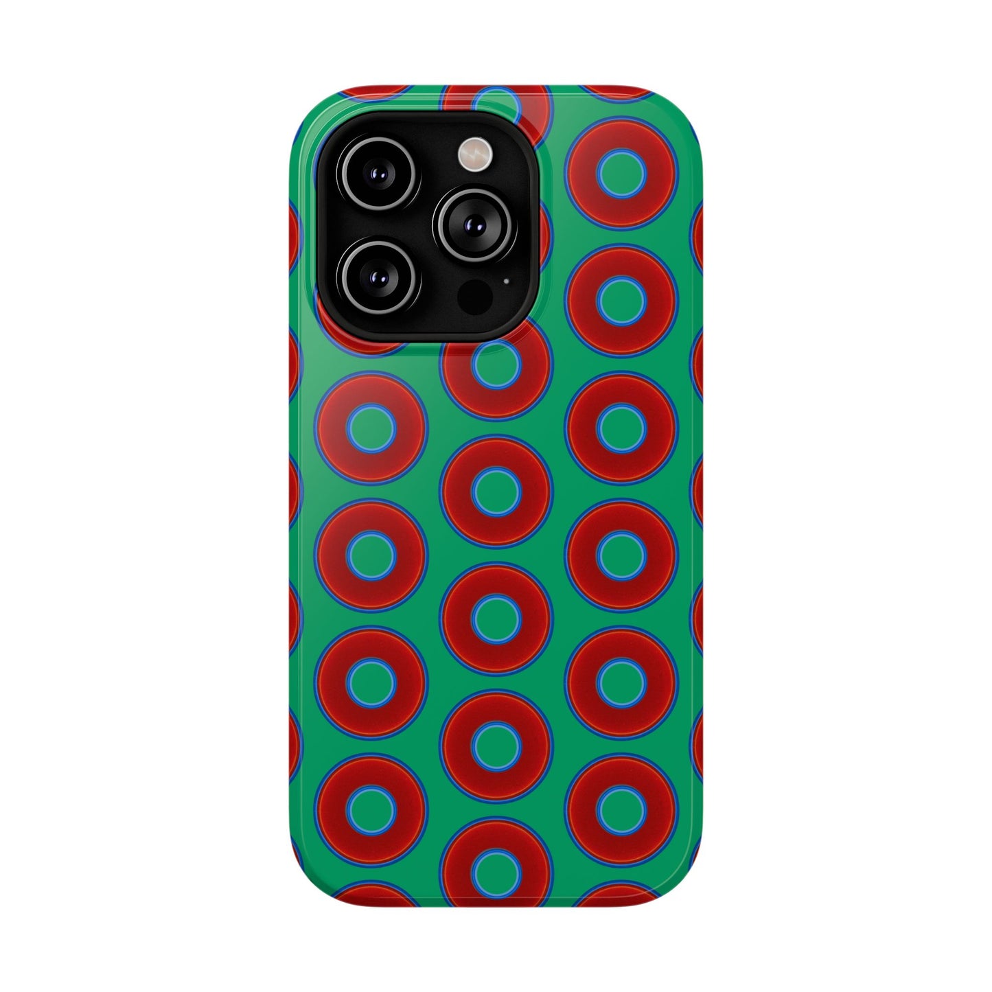 Impact-Resistant Lumpy Donut Case - red vivid donut print w/jade green background