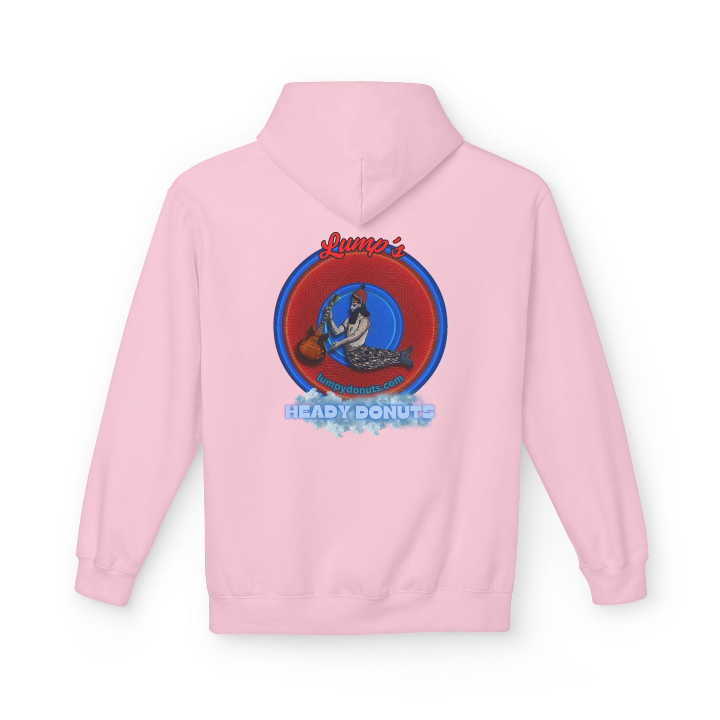 Unisex Fleece Hoodie - [Midweight Soft-style] - "Lump's Heady Logo" - w/rustic red donuts