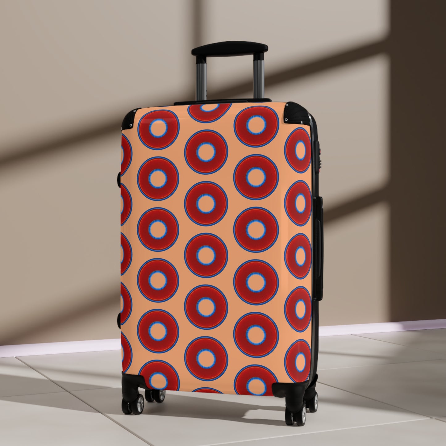 The Very Lumpy Donut Suitcase series - your choice of S, M or L - vivid red donut print w/peach background