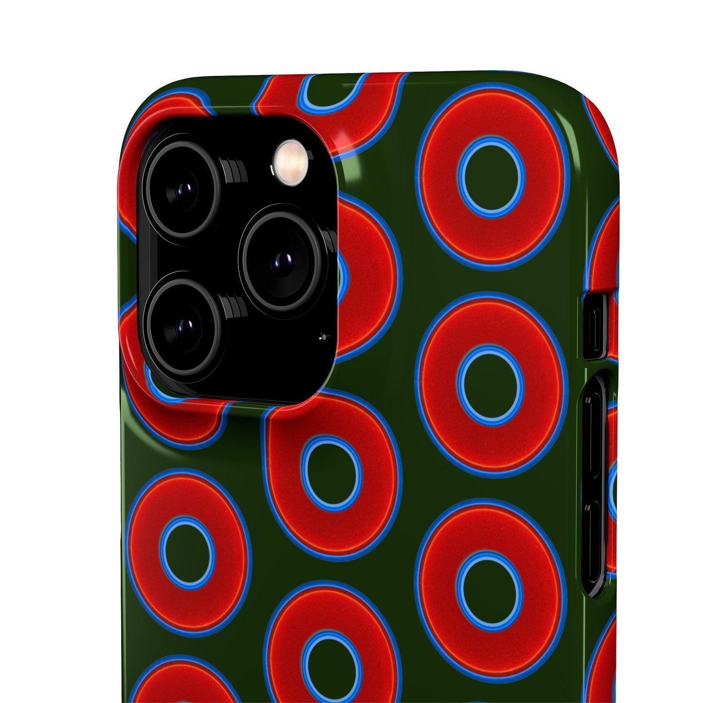 Lumpy Donut Snap Case - red vivid donut print w/deep forest green background