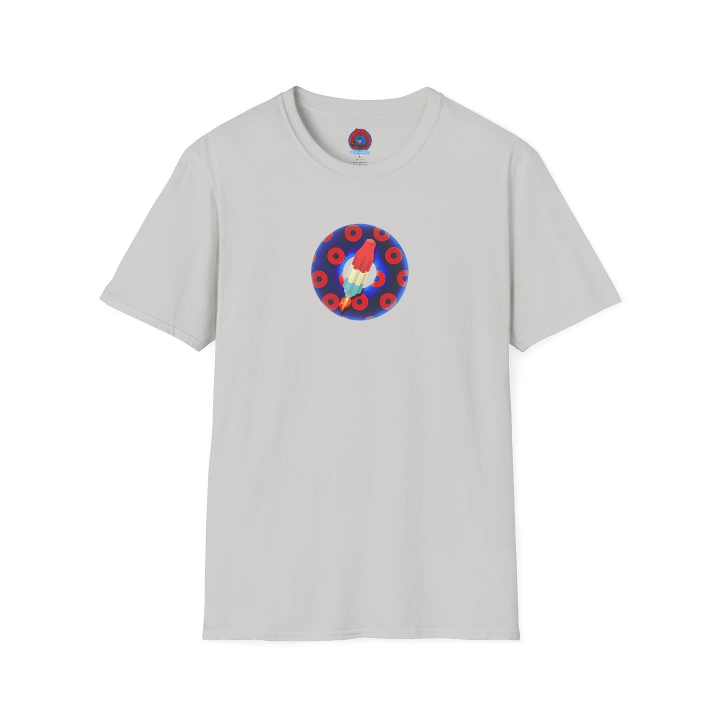 Classic Donut Tee - Unisex Soft-Style - "Blow this Popsicle Stand" - blue/red paradox bomb pop donut - variant 1