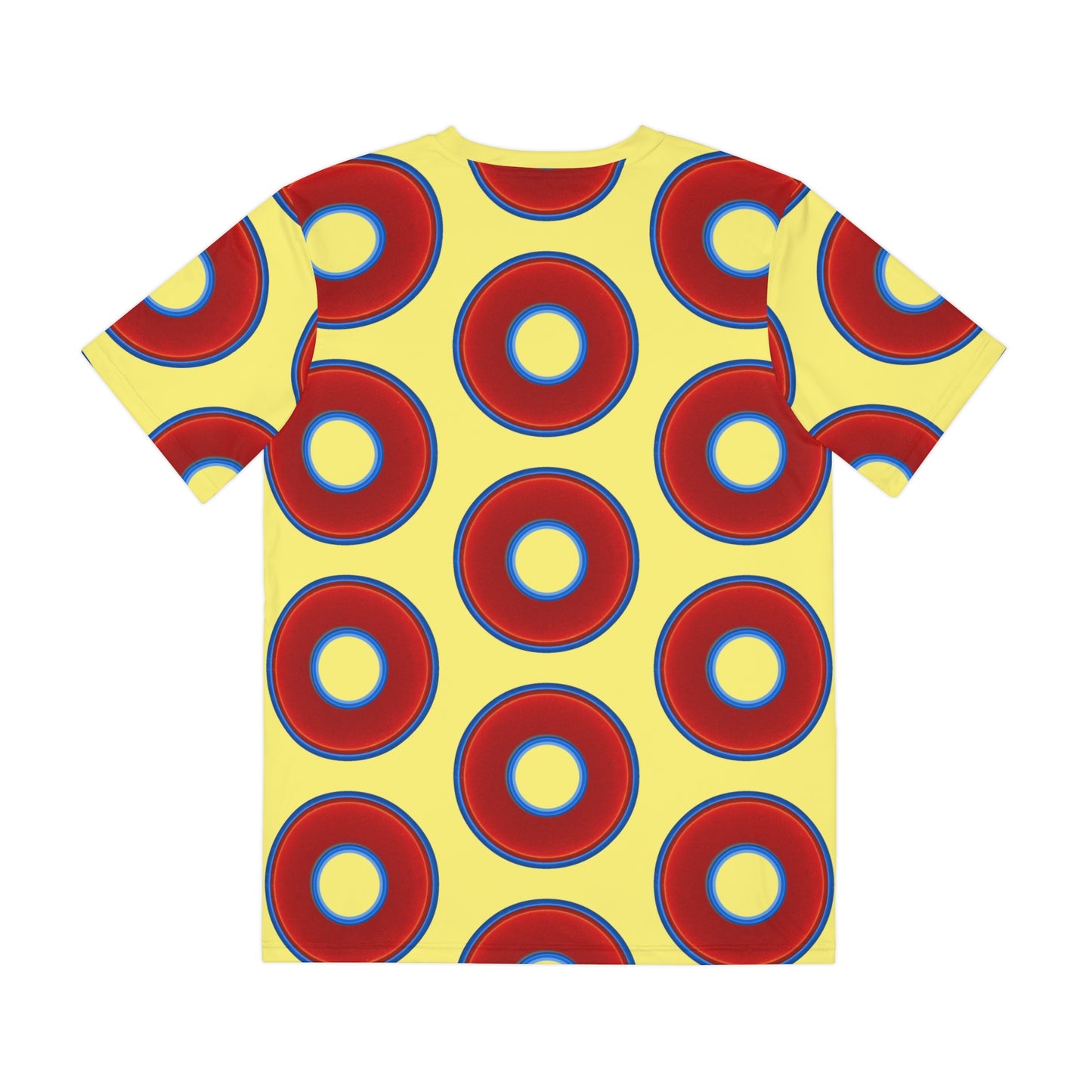 Multi-Beastie Giant Donut AOP Polyester Tee - red vivid donut print w/yellow background