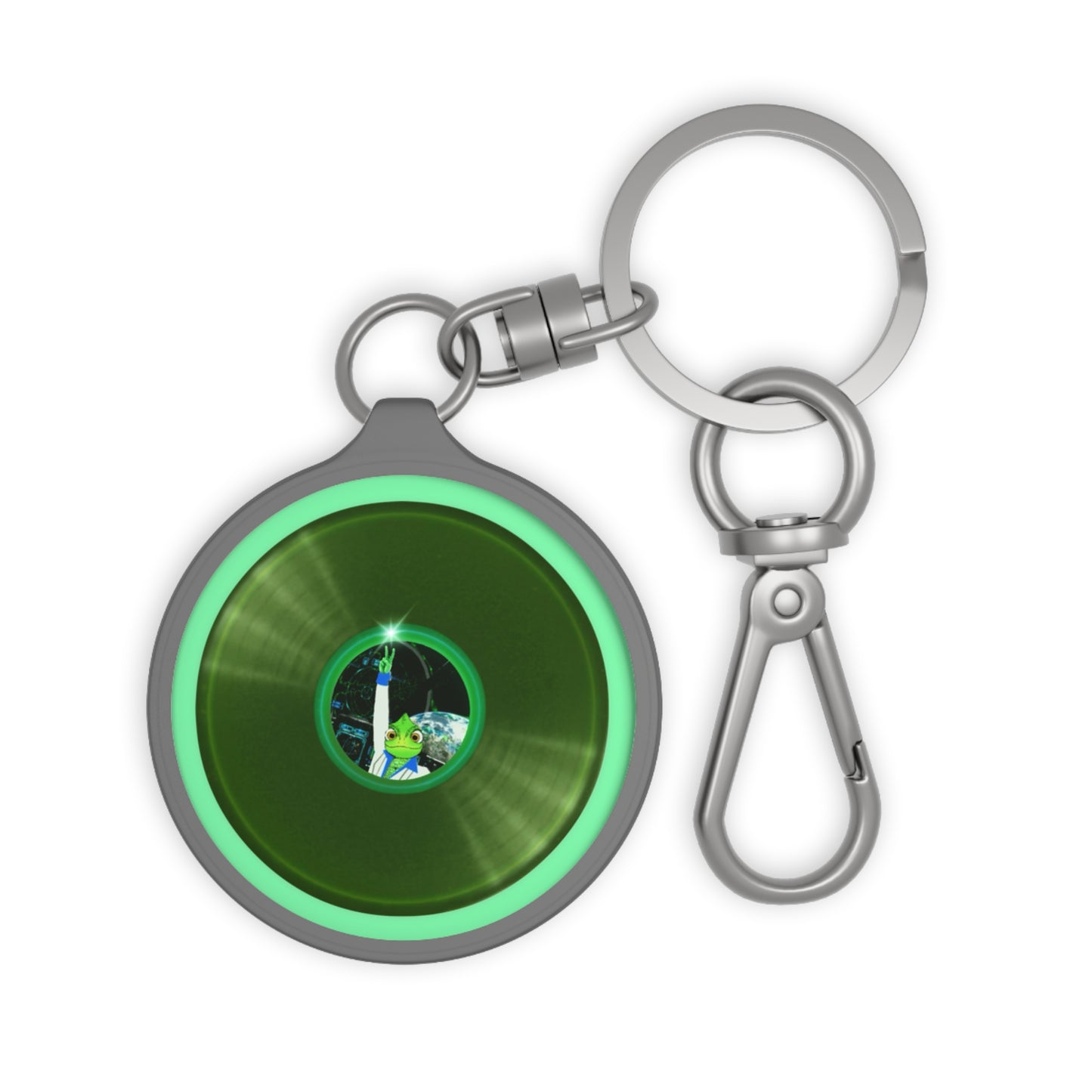 Lumpy Donut Keychain - "Rutherford's Staying Alive" - series 1.0 - variant 2 - green record donut