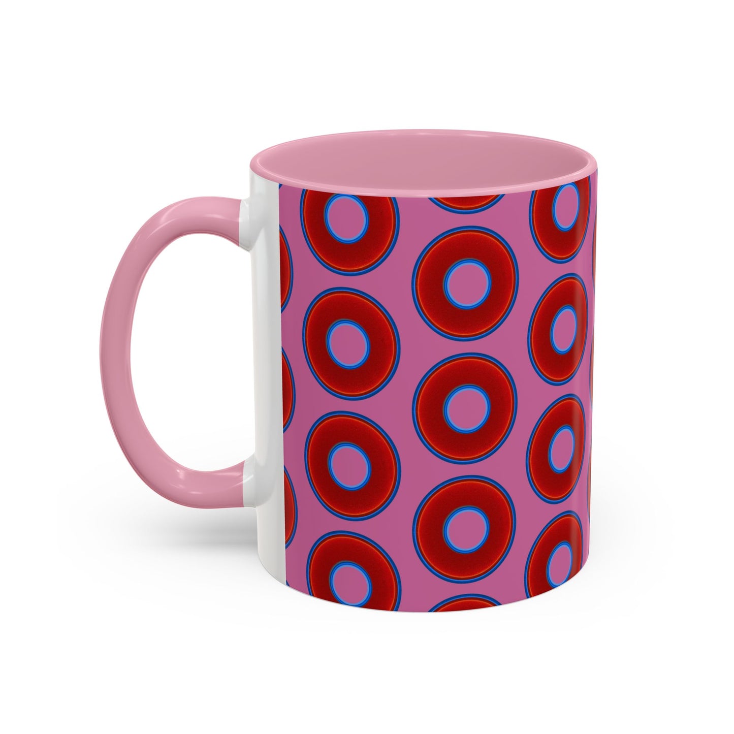 Lump's Grumpy Coffee Mug - vivid red donuts w/pink background