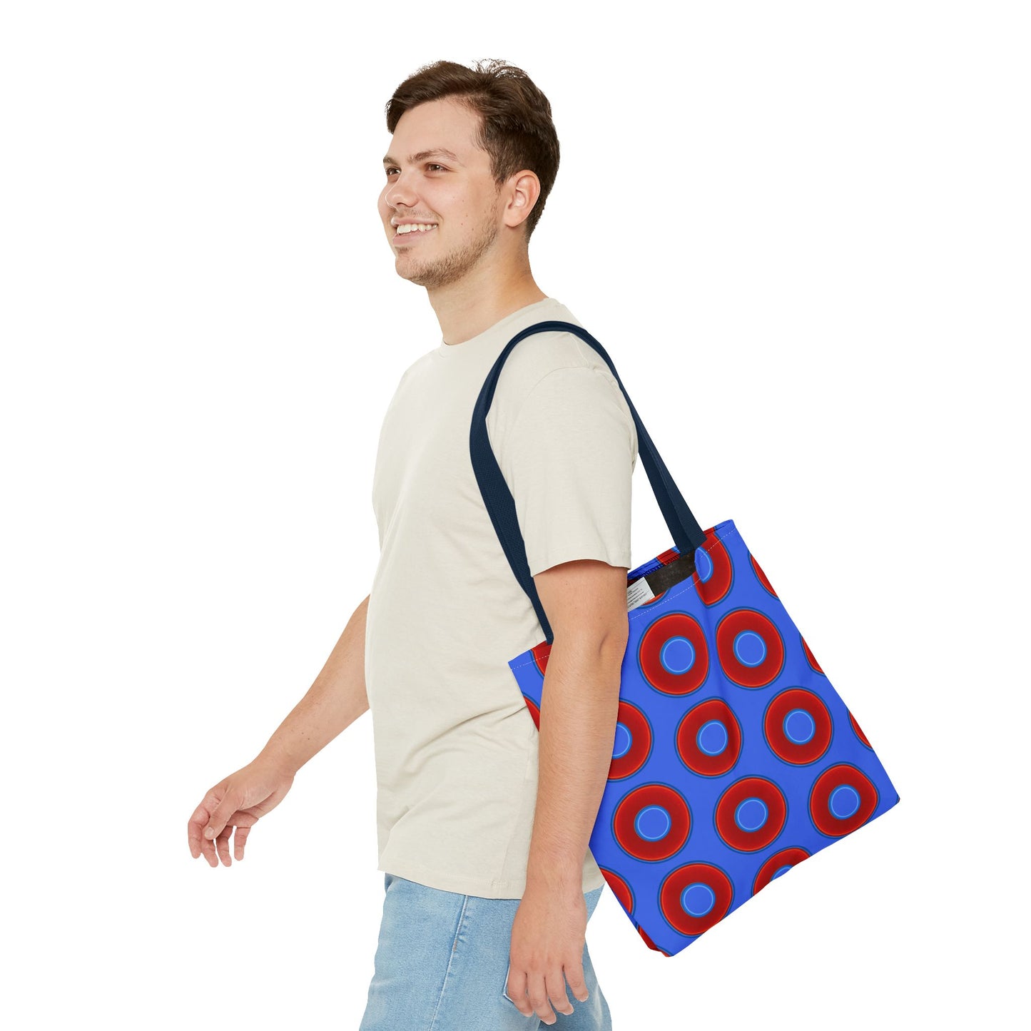 Lumpy Beach/Tote Bag - red vivid donuts w/royal blue background