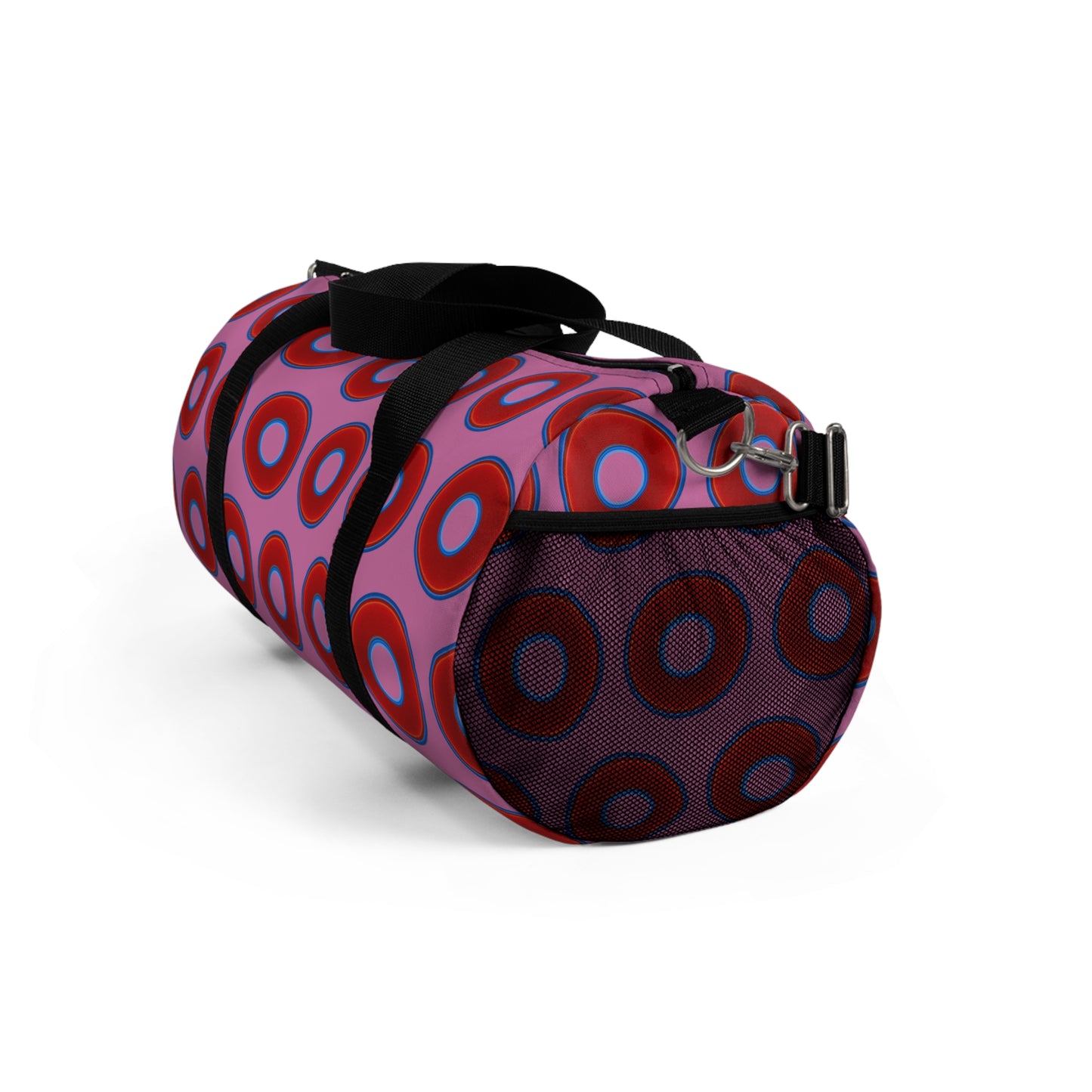Lumpy Duffel - vivid red donuts w/light pink background