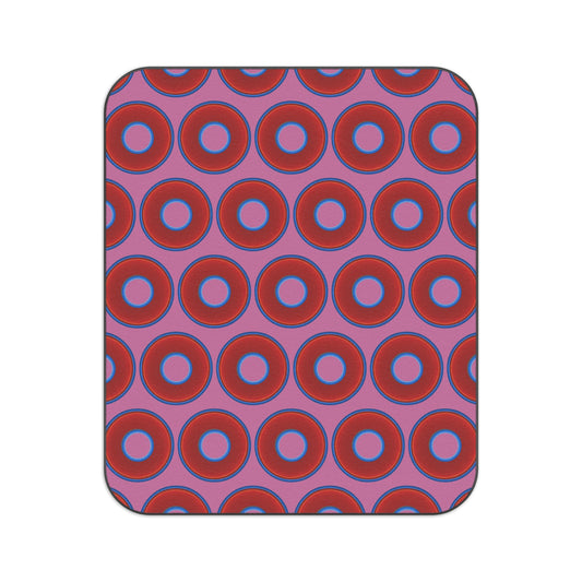 The Lumpy Party Blanket - giant water-resistant outdoor blanket [61" x 51"] - vivid red donuts w/pink background