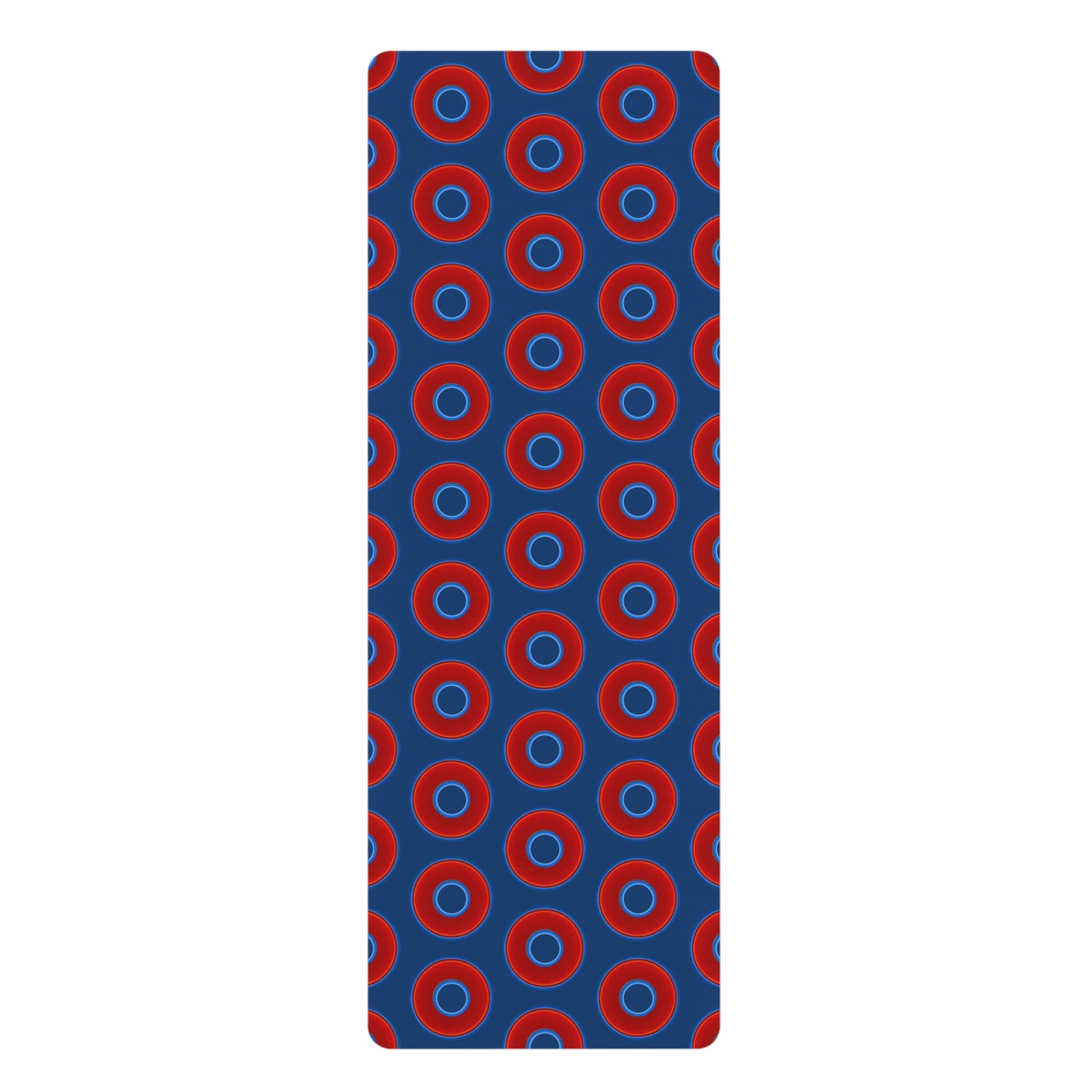 Lumpy Donut Yoga Mat :) - 24″ x 70" - vivid red donut print w/Atlantic navy blue background