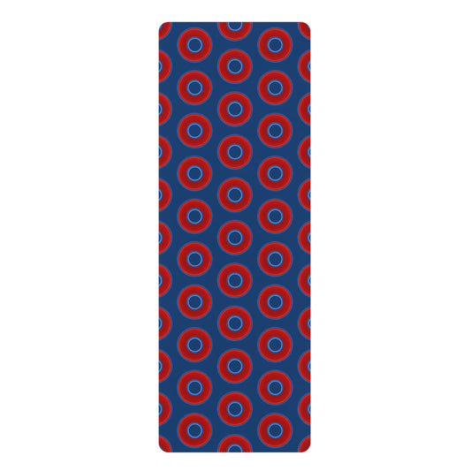 Lumpy Donut Yoga Mat :) - 24″ x 70" - vivid red donut print w/Atlantic navy blue background