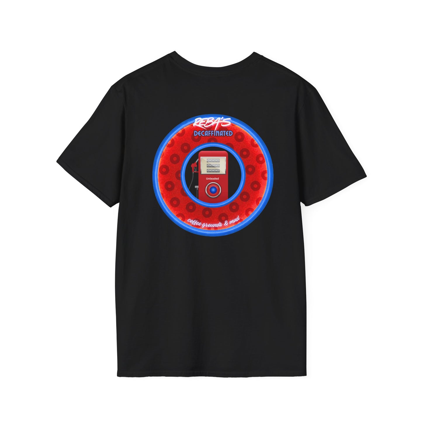 Coffee Traders Tee - Unisex Soft-Style - "Reba's Decaf: Coffee Grounds & Mud " - paradoxical donut - variant 2 - logo front/Reba back
