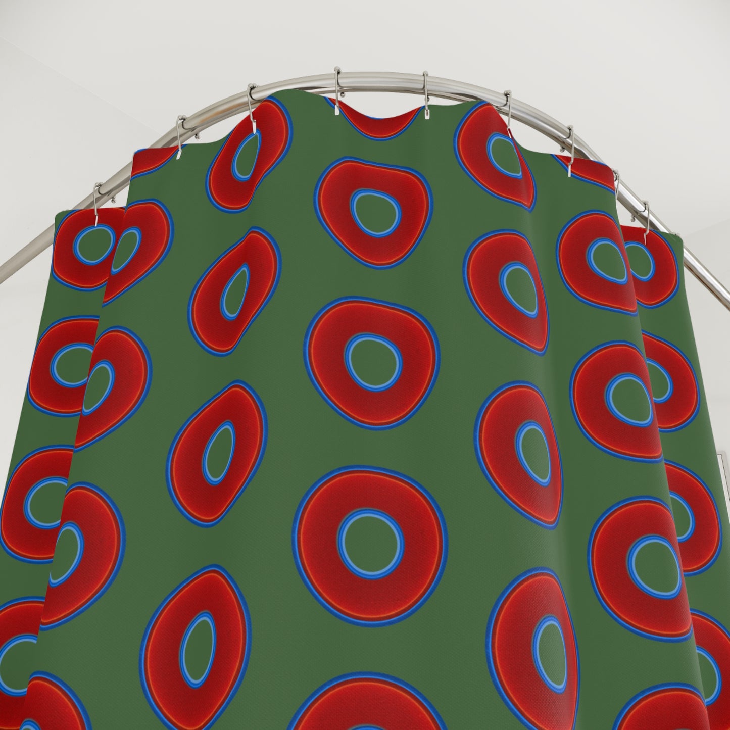 The Curtain With "Donuts" - Lumpy Bath Time Fun - vivid red donuts w/dark green background
