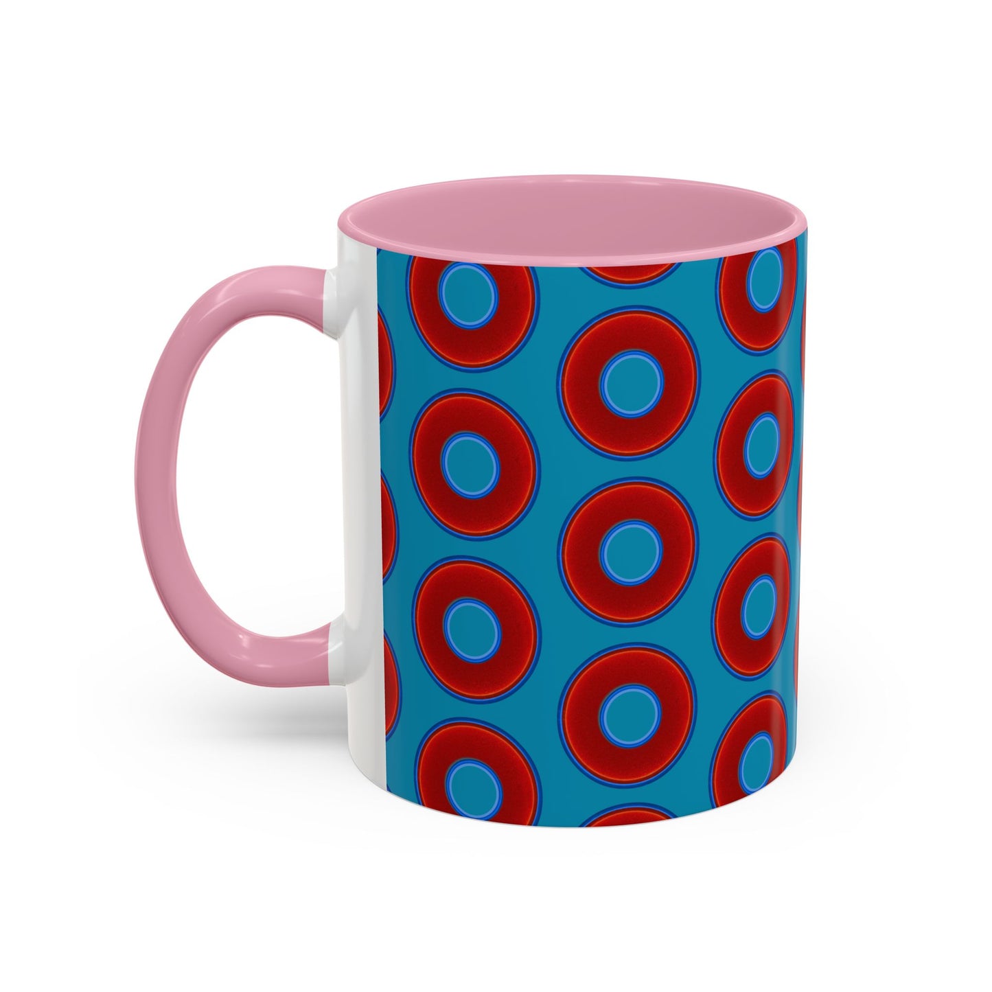Lump's Grumpy Coffee Mug - vivid red donuts w/aquamarine blue background