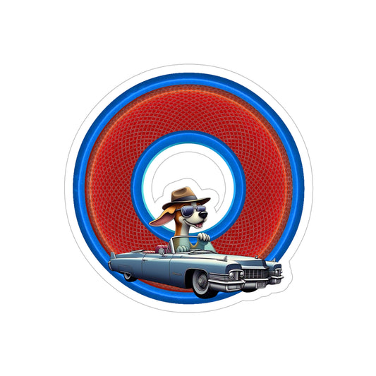 Donut Bumper/Outdoor Sticker - "Jimmy's Marathon Donuts" - series 1.0 - variant 4 - Jim's Caddy on red/blue donut w/hole - [Die-Cut] 6"x 6"