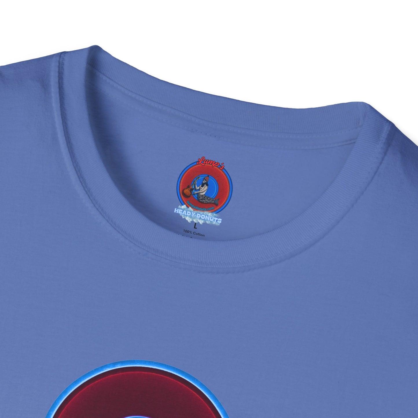 Classic Donut Tee - Unisex Soft-Style - "Brotherly Donuts Jawn" - vivid dark purple-red/light blue donut