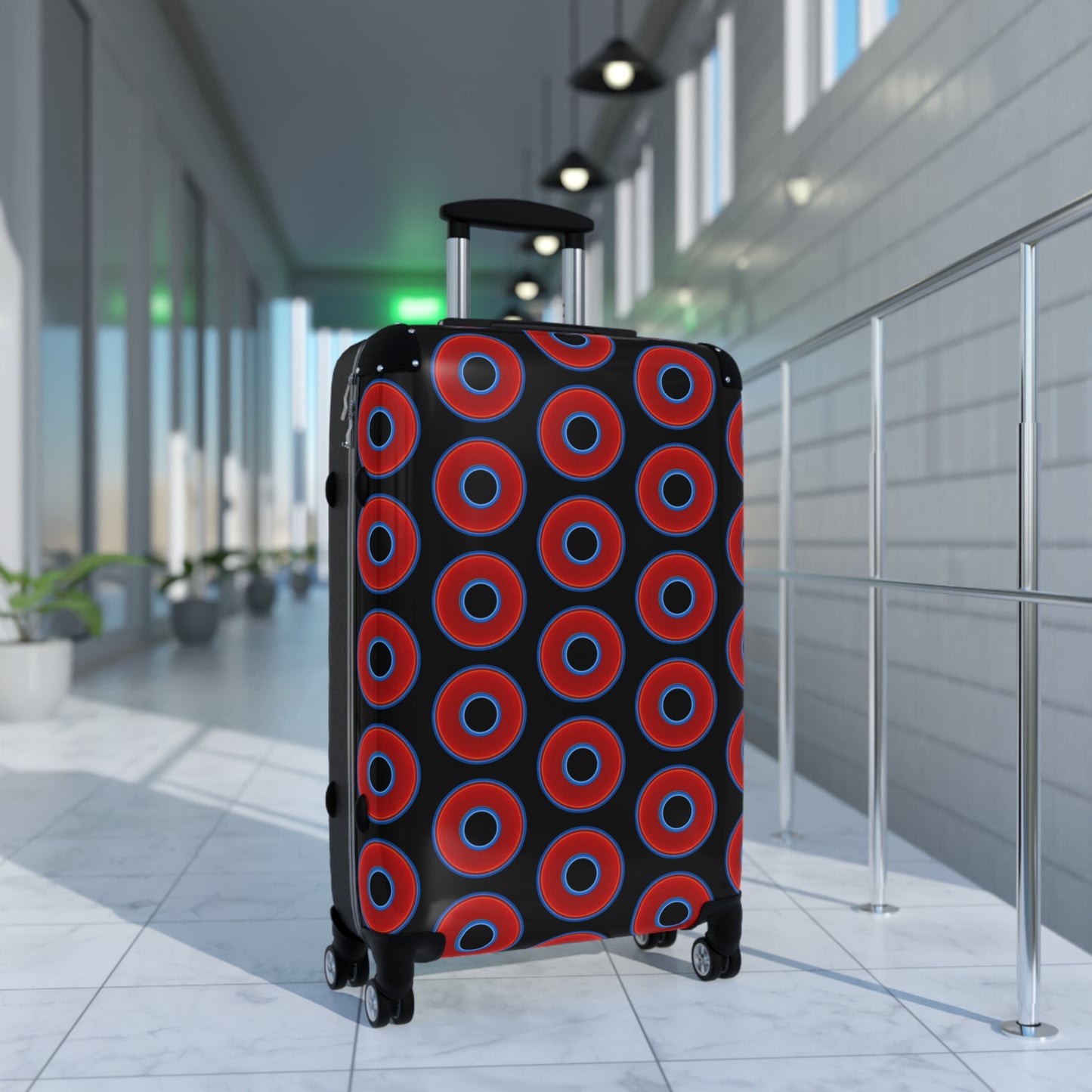 The Very Lumpy Donut Suitcase series - your choice of S, M or L - vivid red donut print w/black background
