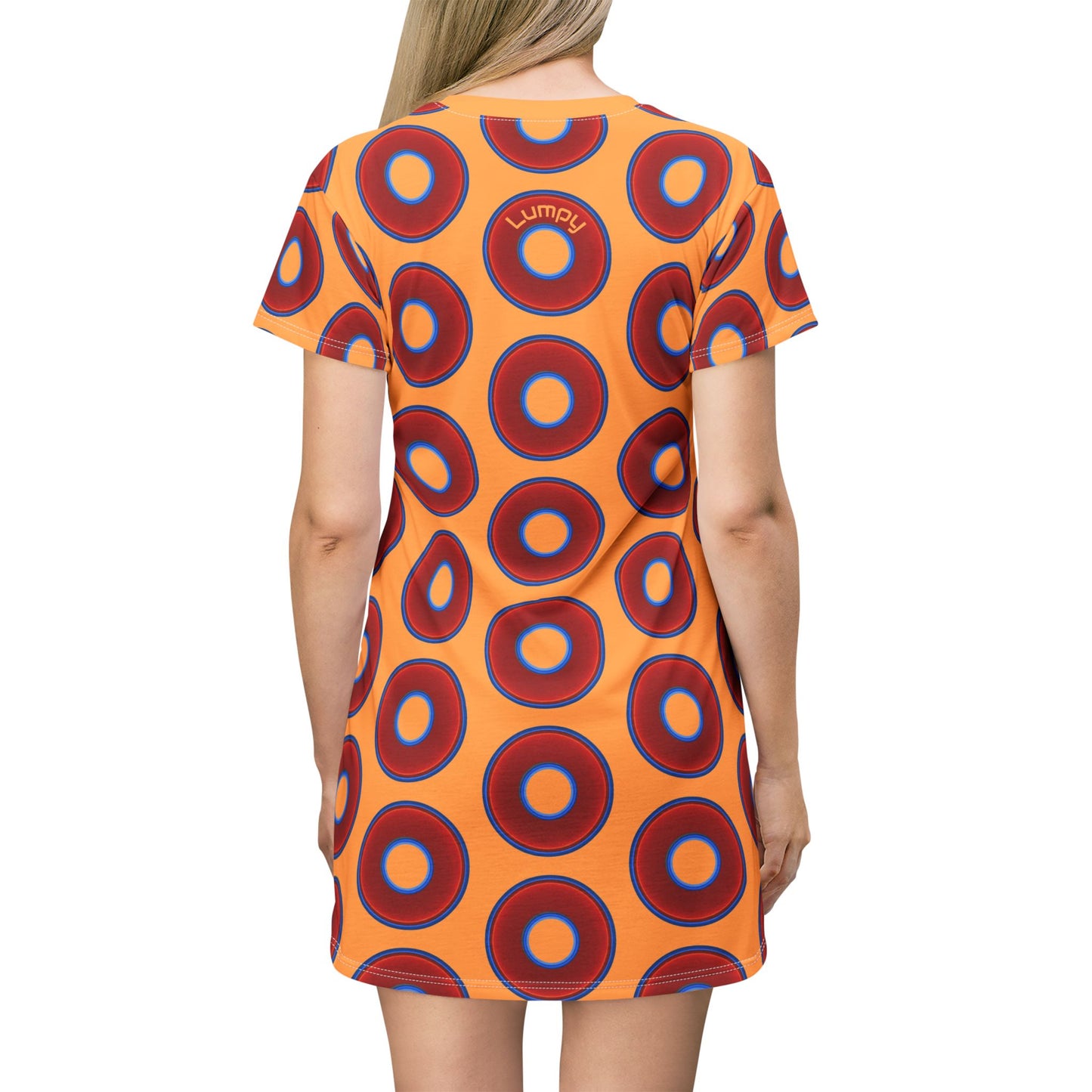 Not a Muumuu AOP Tee Shirt Dress - red vivid donuts w/creamsicle orange background