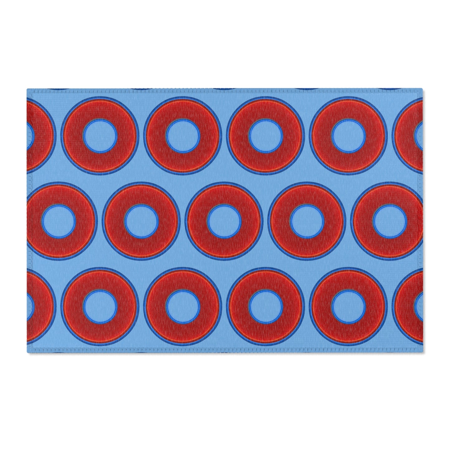 Lumpy Donut Print Rug - choice of 3 sizes - vivid red donut print w/light blue background