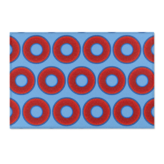 Lumpy Donut Print Rug - choice of 3 sizes - vivid red donut print w/light blue background