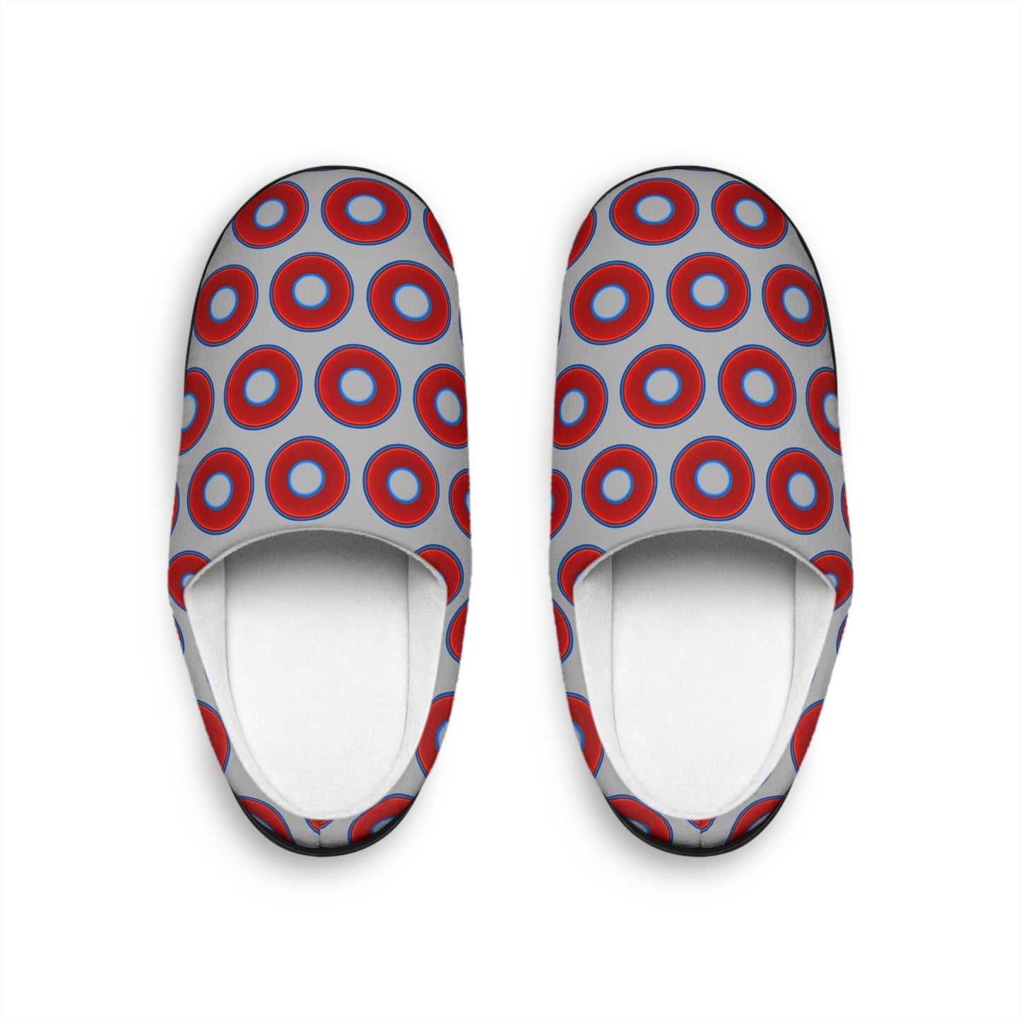 Men's Lumpy Slippers - red vivid donut print w/light gray background