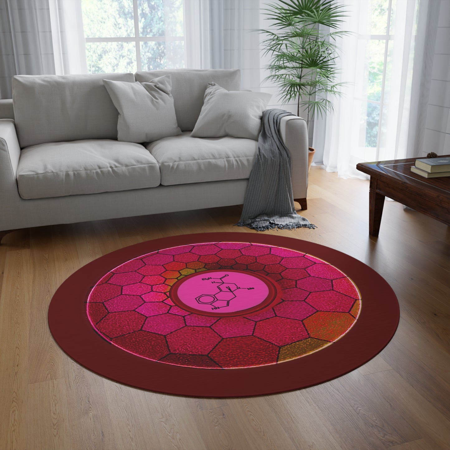 Round Room - 5 ft x 5 ft Lumpy Donut Rug - "Dr. Albert Hofmann's Donut" - magenta hexadonut w/dark red background - variant 1