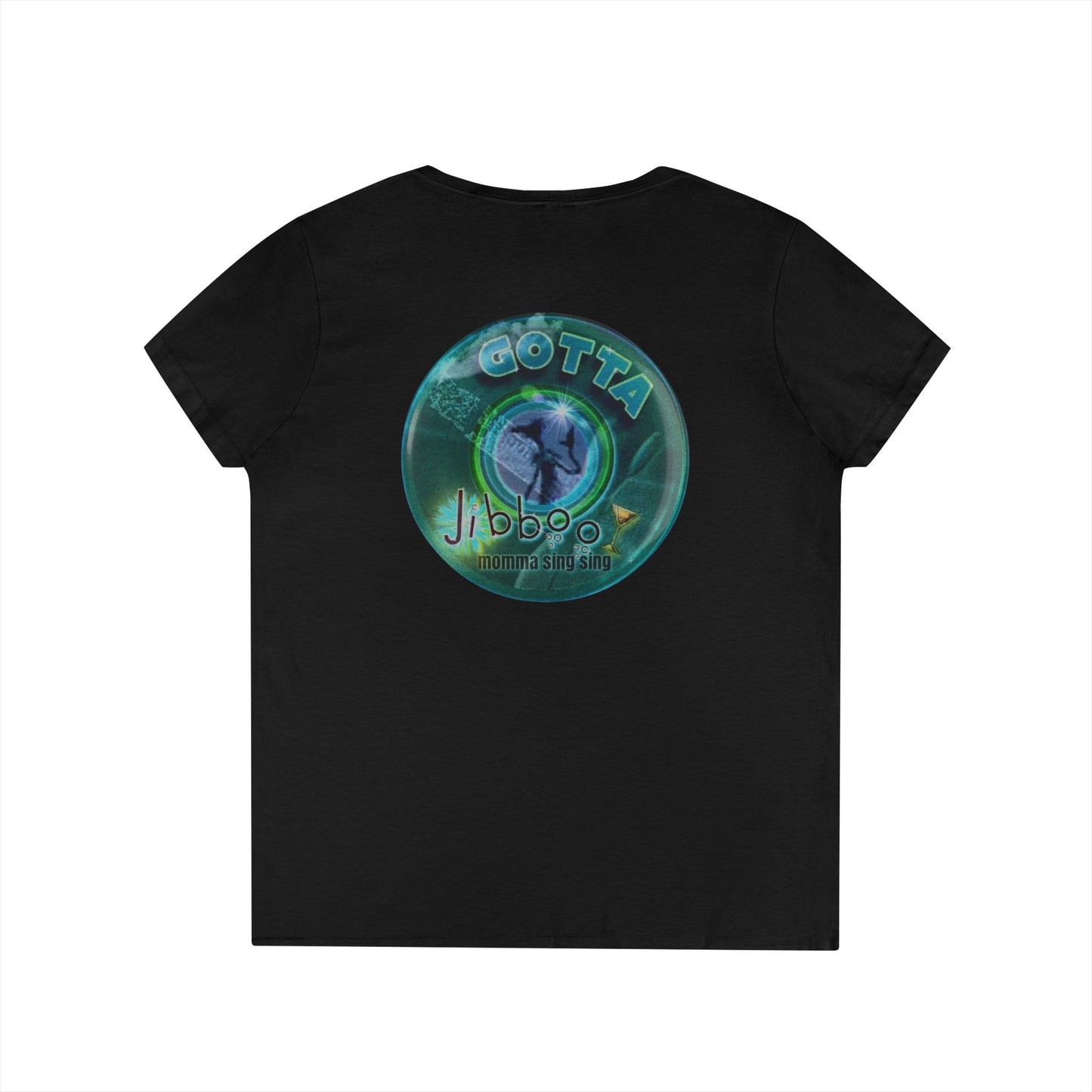 Women's Donut V-Neck Tee - "Momma just got out of Sing Sing" - vivid teal green donut w/