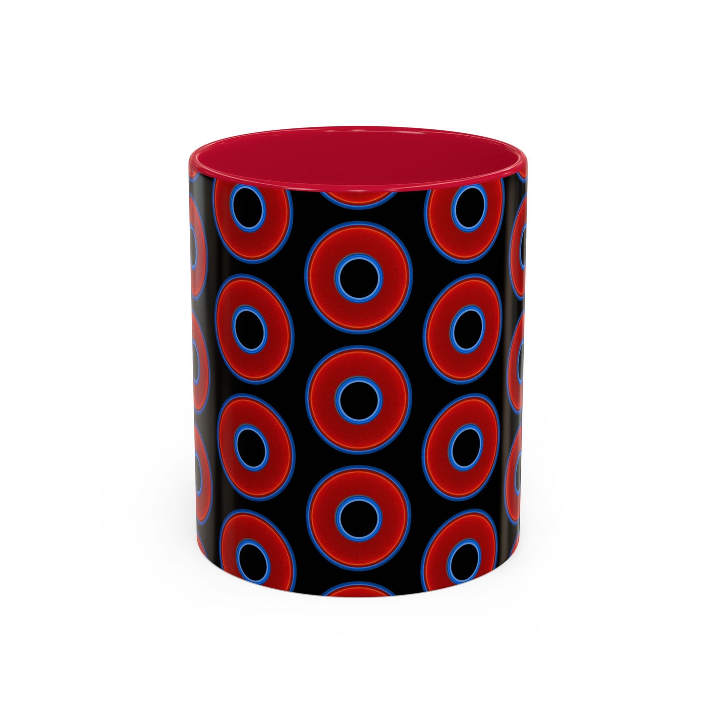 Lump's Grumpy Coffee Mug - vivid red donuts w/black background