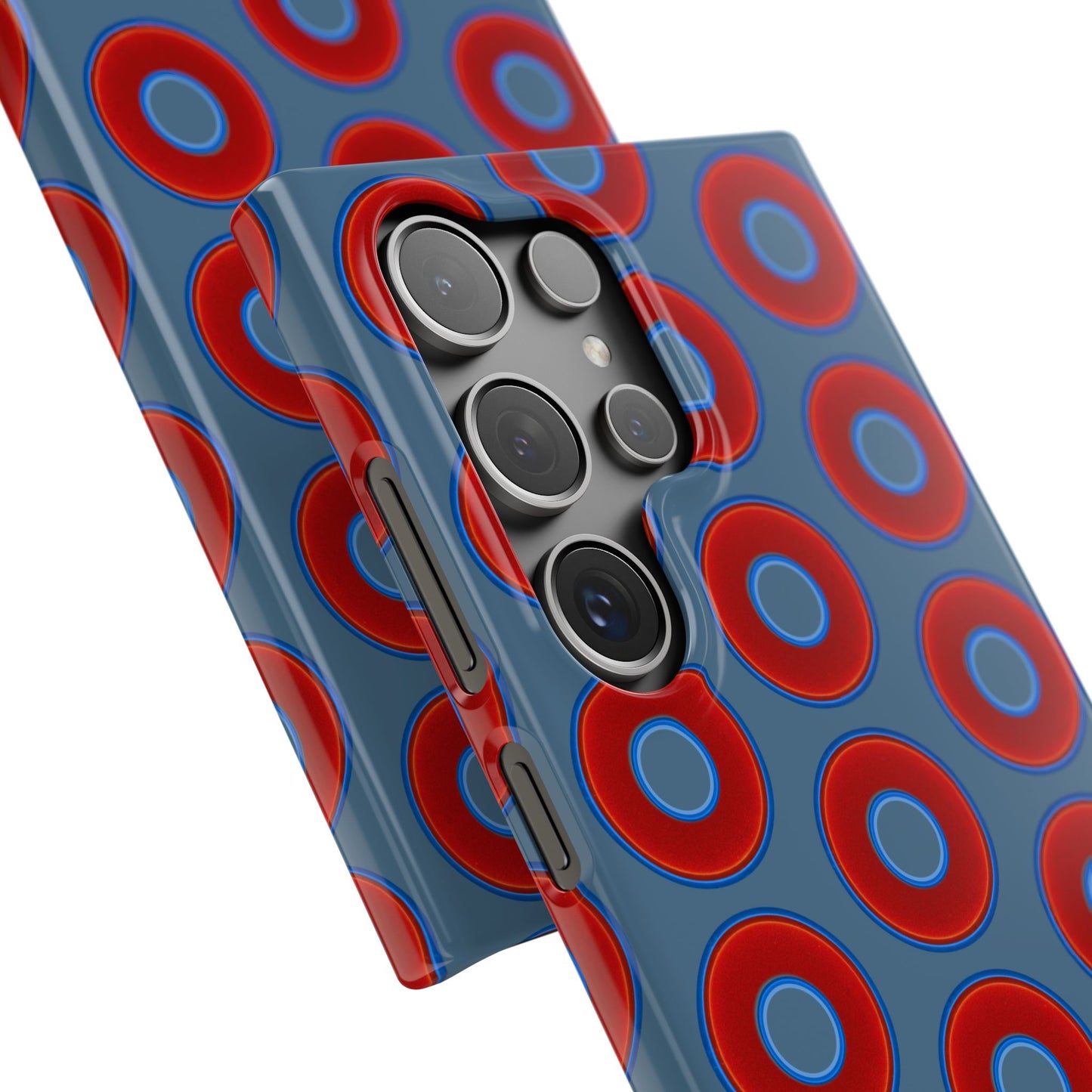 Lumpy Donut Snap Case - red vivid donut print w/steel blue background