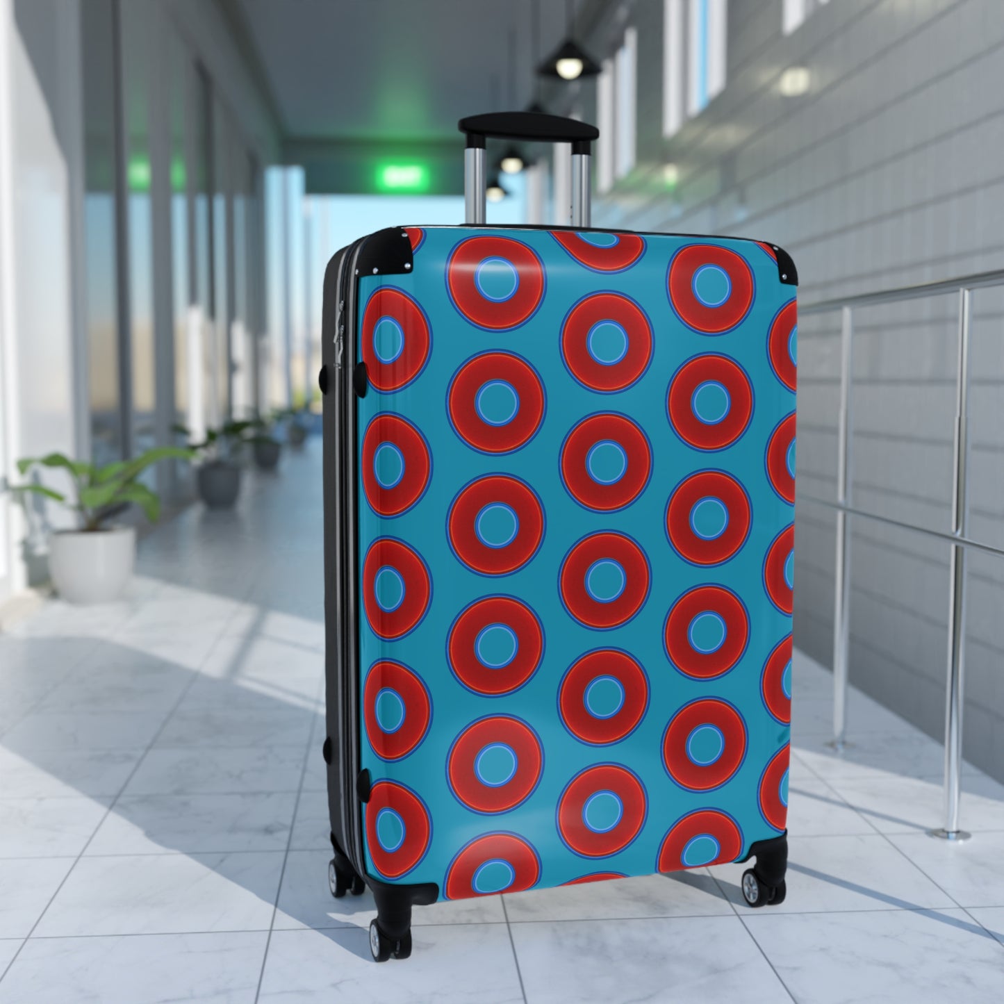 Very Lumpy Donut Suitcase series - your choice of S, M or L - vivid red donut print w/aquamarine blue background