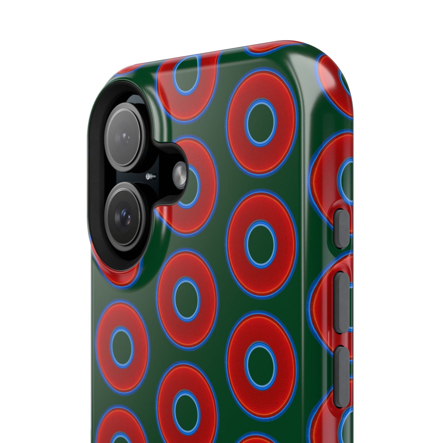 Impact-Resistant Lumpy Donut Case - red vivid donut print w/dark pond green background