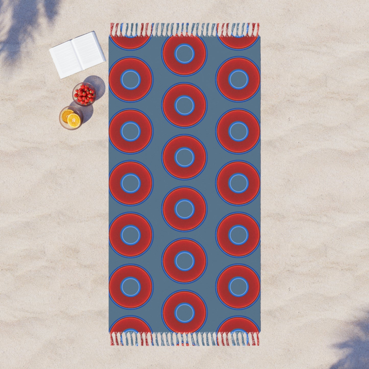 Oversized Lumpy Beach Towel - vivid red donuts w/steel blue background