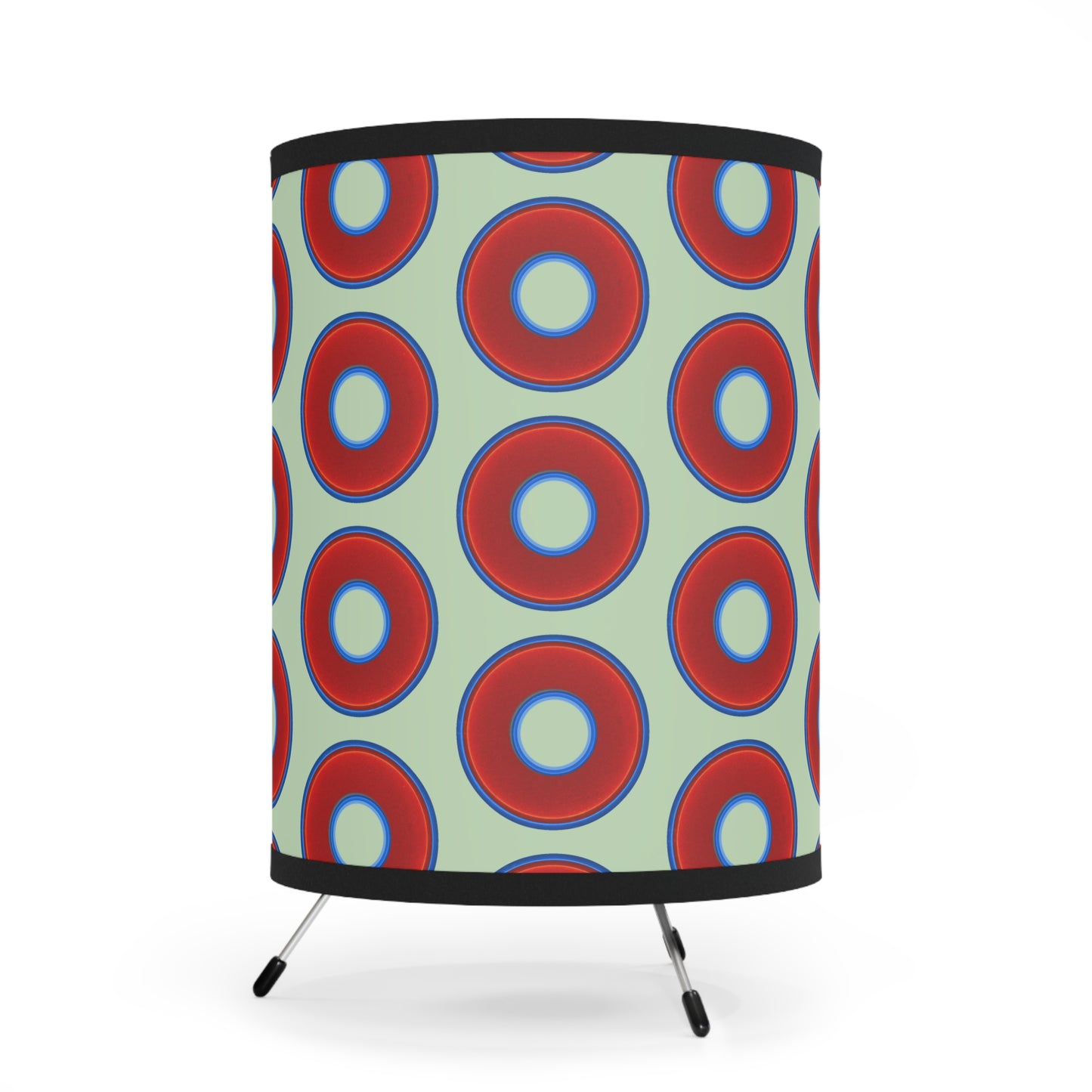Lumpy Tripod Donut Lamp - vivid red donuts w/seafoam background