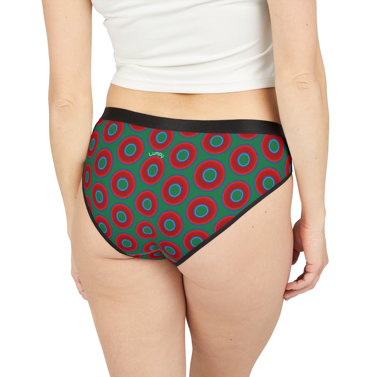 Lumpy Donut Underwear - vivid red donut print w/green background