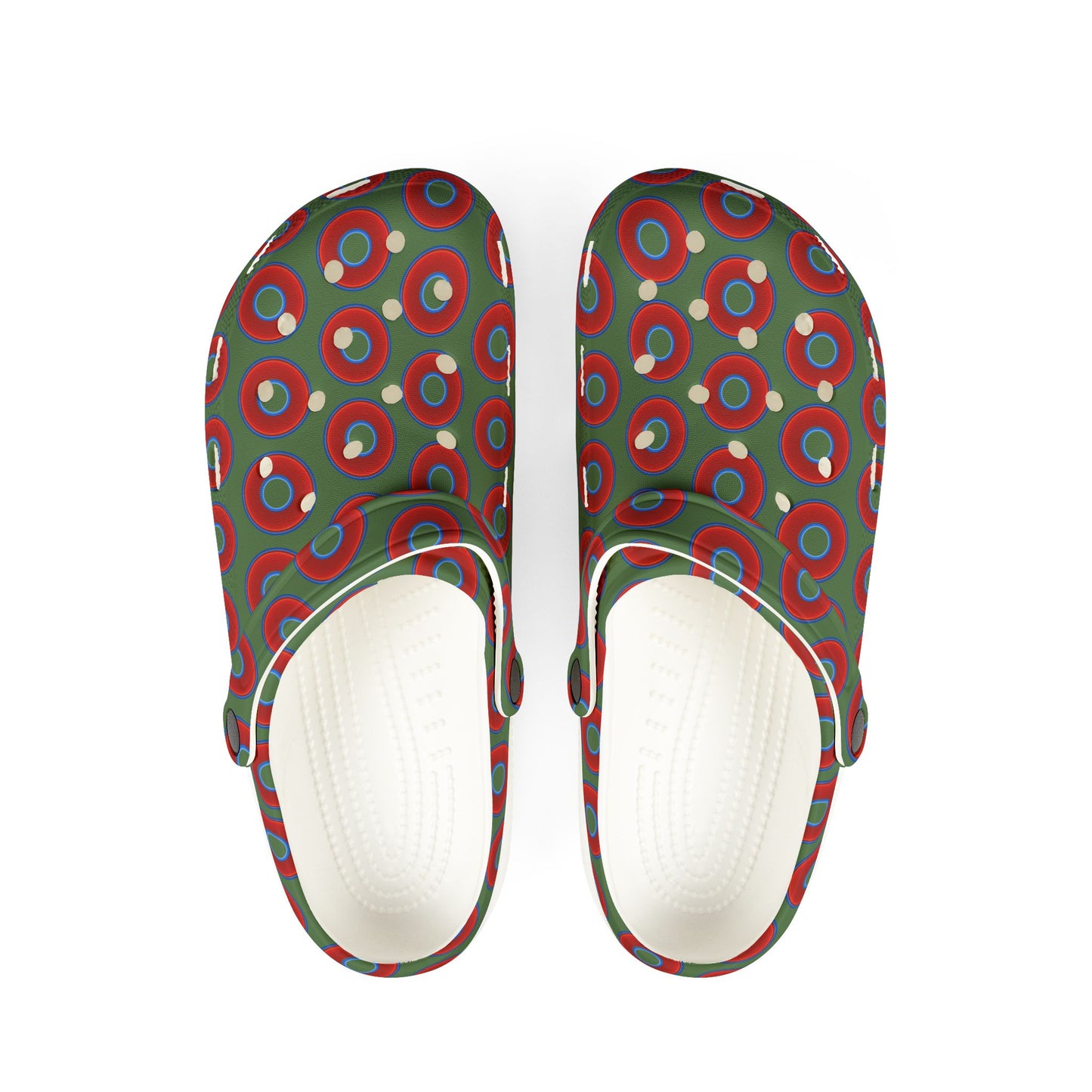 Spatchcocks - donut slip-on shoes - vivid red donuts w/dark Fenway green background [unisex]