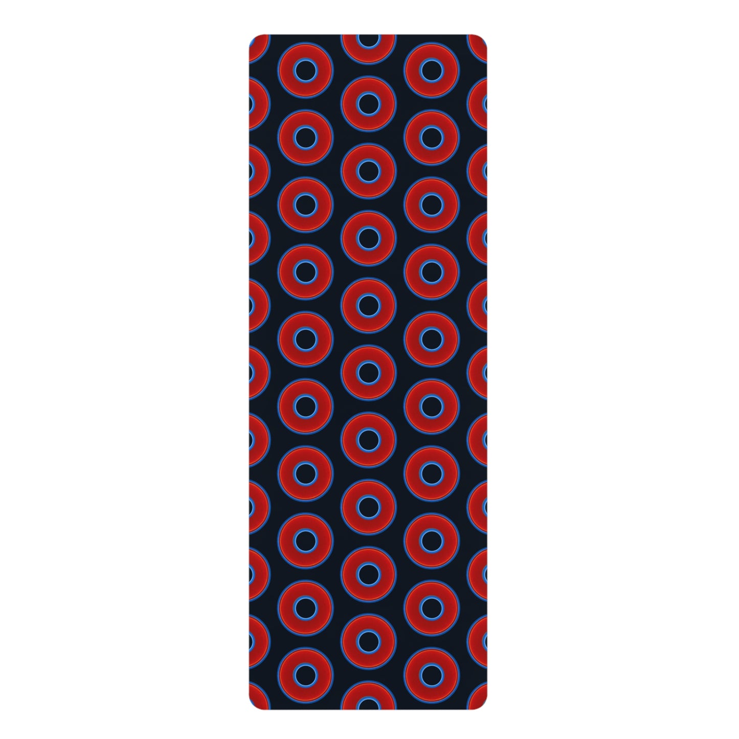 Lumpy Donut Yoga Mat :) - 24″ x 70" - vivid red donut print w/blue charcoal background