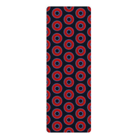 Lumpy Donut Yoga Mat :) - 24″ x 70" - vivid red donut print w/blue charcoal background